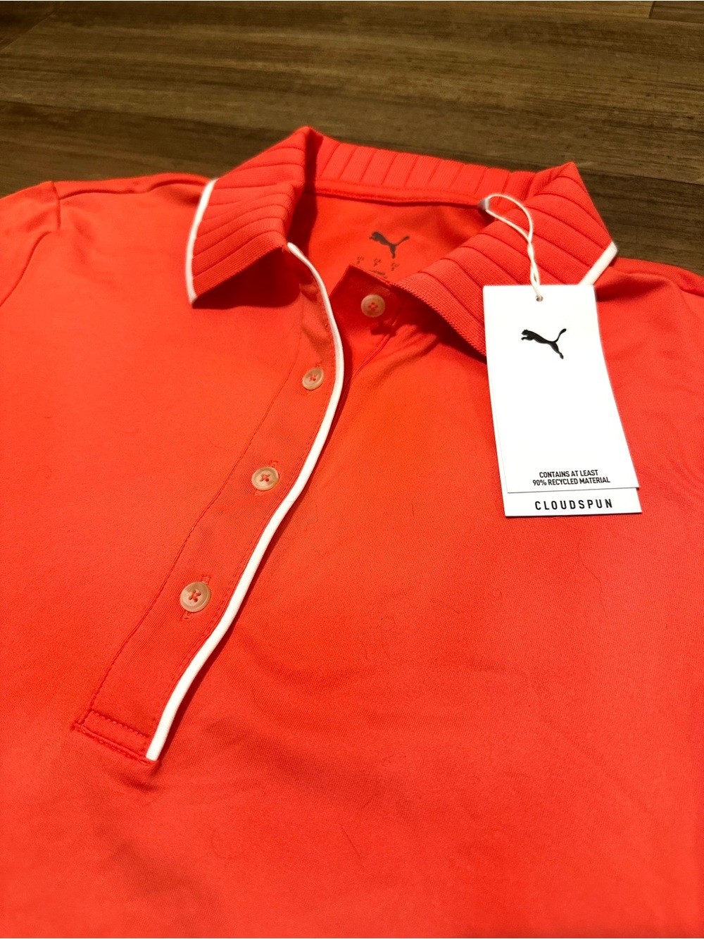 NWT Puma Women's Golf Shirt Short Sleeve Polo Coral and White Ribbed Collar